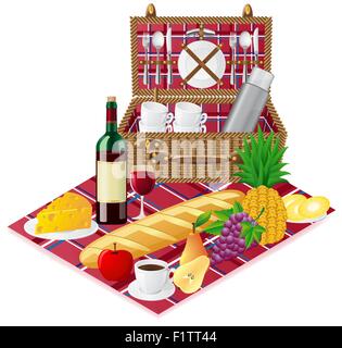 Cestello per un picnic con stoviglie e alimenti illustrazione vettoriale Illustrazione Vettoriale