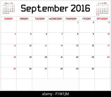 Un pianificatore mensile calendario per il mese di settembre 2016 su bianco. Un custom rette font spesso è usato. Illustrazione Vettoriale