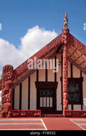 Casa Maori a Rotorua, Isola del nord, Nuova Zelanda Foto Stock