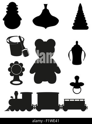 Icona di giocattoli e accessori per neonati e bambini silhouette nera illustrazione vettoriale Illustrazione Vettoriale