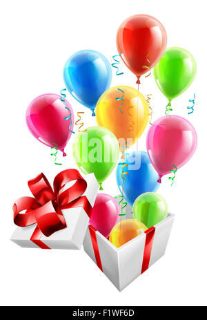 Confezione regalo con party ballons e streamers, concetto per un emozionante compleanno, Natale o altro dono o presente. Foto Stock