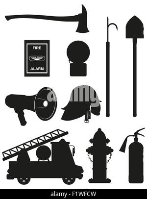 Le icone di set di attrezzatura antincendio silhouette nera illustrazione vettoriale isolati su sfondo bianco Illustrazione Vettoriale