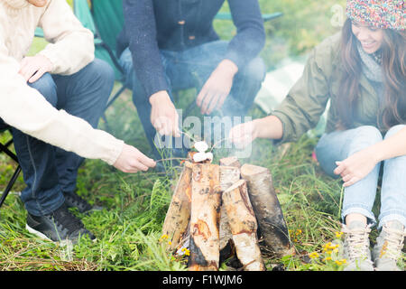 Close up di escursionisti tostatura marshmallow sul fuoco Foto Stock