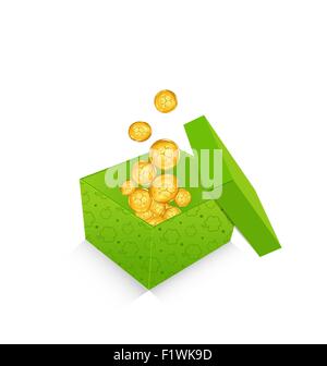 Aprire la scatola di cartone con le monete d'oro per il giorno di San Patrizio, iso Illustrazione Vettoriale