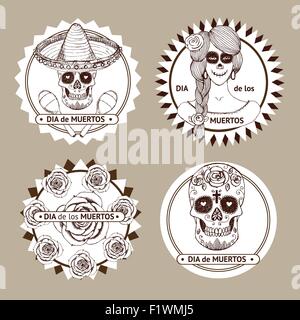 Schizzo dia messicano de los Muertos set di adesivi in stile vintage. Cranio, dipinta girl, rose, cranio in hat con le maracas. Illustrazione Vettoriale