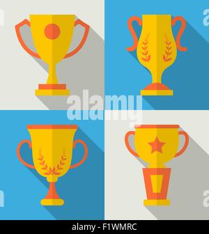 Trofeo icone set piatto di successo medallion Award Winner medal isolato illustrazione vettoriale Illustrazione Vettoriale