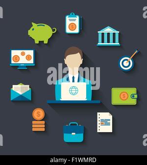 Finanziari e le icone di business, design piatto Illustrazione Vettoriale