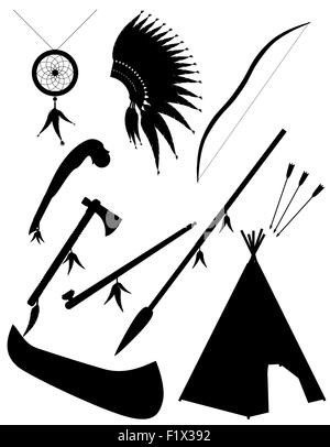 Silhouette nera le icone di set di oggetti indiani americani illustrazione vettoriale isolati su sfondo bianco Illustrazione Vettoriale