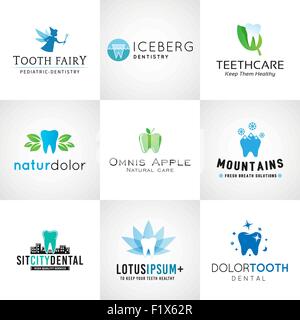 Set di loghi dentale. Dente di vettore di disegni. Denti luminoso modello clinica. Creative concetto di salute. Per la cura del cavo orale collezione di simboli Illustrazione Vettoriale