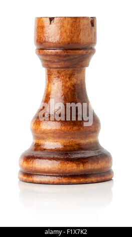 Legno nero a scacchi rook sullo sfondo bianco. Foto Stock