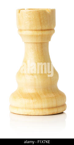 Legno bianco a scacchi rook sullo sfondo bianco. Foto Stock