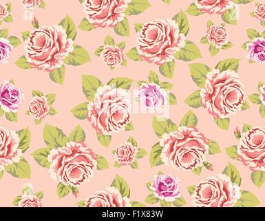 Carta da parati senza giunture con pattern di rose rosa su sfondo giallo, illustrazione vettoriale Illustrazione Vettoriale