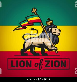 Giuda Lion con un flag di rastafari. Re di Sion illustrazione del logo. Musica reggae disegno vettoriale Illustrazione Vettoriale
