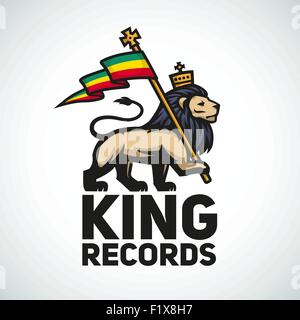 Giuda Lion con un flag di rastafari. Re di Sion illustrazione del logo. Musica reggae disegno vettoriale Illustrazione Vettoriale
