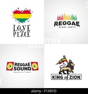 Set di musica reggae disegno vettoriale. L amore e la pace. Giuda Lion con un flag di rastafari. Re Sion illustrazione del logo. Illustrazione Vettoriale