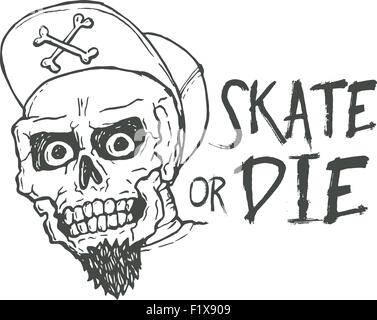 Struttura di pattino o morire lettering tattoo design. Skater vintage scull t-shirt stampa. Monocromatico skateboarding retrò illustrazione vettoriale Illustrazione Vettoriale