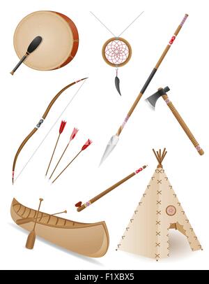 Le icone di set di oggetti indiani americani illustrazione vettoriale isolati su sfondo bianco Illustrazione Vettoriale
