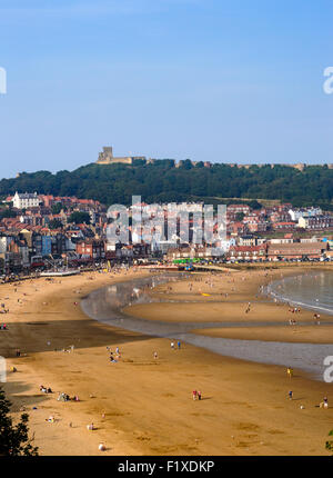 Vari gruppi di persone a godersi il sole sulla spiaggia di Scarborough. Foto Stock