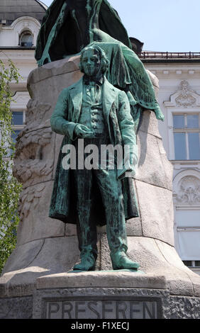 Un monumento di France Preseren nel centro di Ljubljana, Slovenia il 30 giugno 2015 Foto Stock