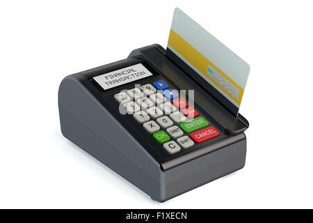 POS-terminale con la carta di credito isolati su sfondo bianco Foto Stock