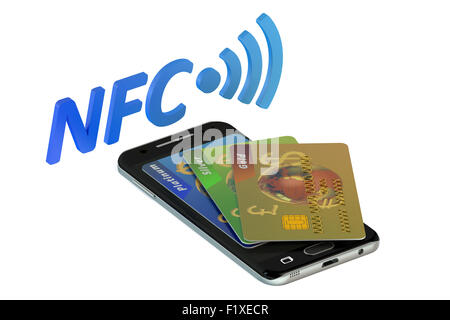 Smartphone con carta di credito, il concetto di NFC Foto Stock