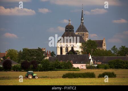 Francia, Loiret, Saint Benoit sur Loire, vista generale della Abbazia di Fleury e la sua torre portico Foto Stock