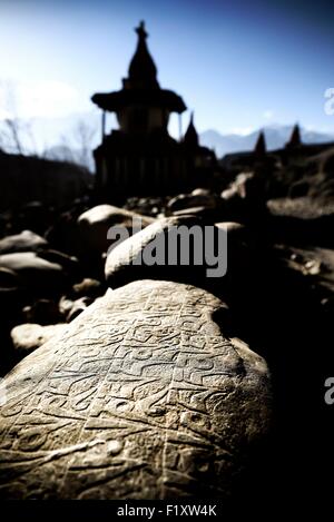 Il Nepal, Gandaki zona, Mustang superiore (vicino al confine con il Tibet), Mani parete (pietre inscritte con un mantra buddista) e stupa (chorten) nel villaggio di Tangge Foto Stock