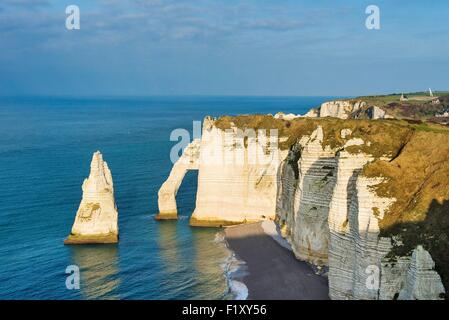 Francia, Seine Maritime, Etretat, Cote d'Abatre, arco e l'ago Foto Stock