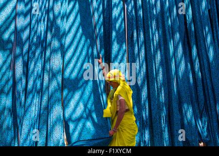 India Rajasthan, Sanganer, fabbrica tessile, raccolta di tessili a secco Foto Stock