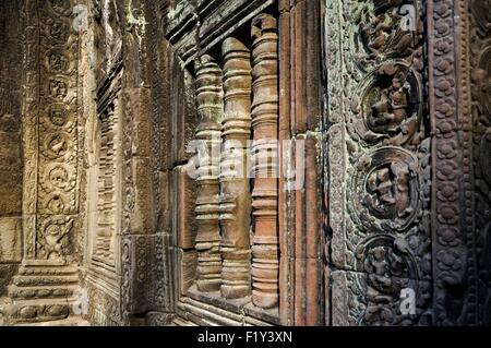 Cambogia Siem Reap provincia, Angkor elencati come patrimonio mondiale dall' UNESCO, sculture a bassorilievo a Ta Prohm Foto Stock