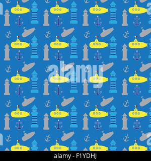 Vector seamless pattern con elementi di mare: fari, navi, ancore Illustrazione Vettoriale