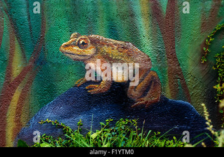 Big brown fiaba toad seduto sulla pietra in erba, acril pittura . Foto Stock