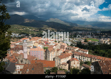 Vista sulla città, centro storico di Corte, Corsica, Francia Foto Stock