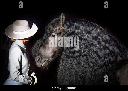 Frisone cavallo stallone nero e lady costume di equitazione e hat visto contro sfondo nero in Germania Foto Stock