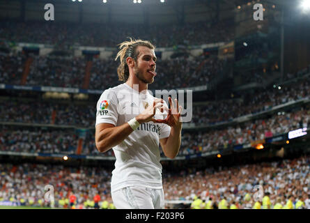 Spagna, Madrid:del Real Madrid in avanti gallese Gareth Bale celebra un obiettivo durante il campionato spagnolo 2015/16 Foto Stock