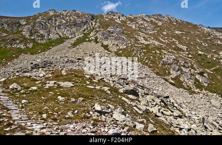 Sentiero escursionistico vicino Szpiglasowa Przelezc in polacco parte di Tatry montagne con cielo chiaro Foto Stock