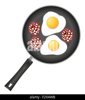 Uova fritte con salsiccia in una padella illustrazione vettoriale isolati su sfondo bianco Illustrazione Vettoriale