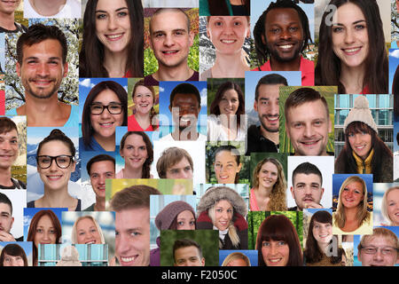 Sfondo gruppo collage ritratto di multirazziale sorriso giovane popolo sorridente social media Foto Stock