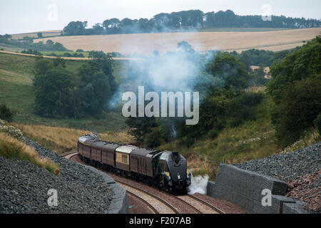 Banca Borthwick, Scotland, Regno Unito. Il 9 settembre, 2015. L'Unione del Sud Africa treno a vapore che si fa strada fino Borthwick banca come si trasporta la regina sulle nuove frontiere della linea ferroviaria. Queen Elizabeth II diventa il più lungo il monarca regnante oggi e apre ufficialmente la linea. Credito: Andrew O'Brien/Alamy Live News Foto Stock