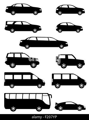 Le icone di set di autovetture con diversi corpi di silhouette nera illustrazione vettoriale isolati su sfondo bianco Illustrazione Vettoriale