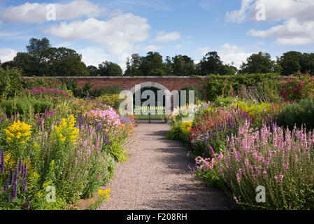 Tarda Estate Herbaceous borders in pavimenti Castello giardini murati a Kelso, Scozia Foto Stock