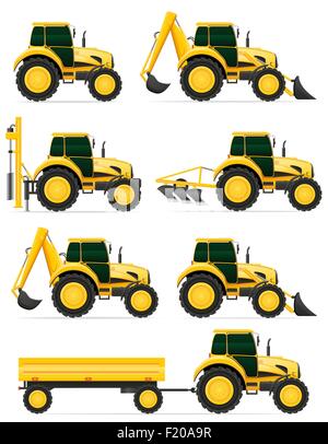 Le icone di set di trattori giallo illustrazione vettoriale isolati su sfondo bianco Illustrazione Vettoriale