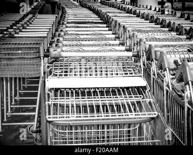 File di carrelli di shopping in bianco e nero Foto Stock