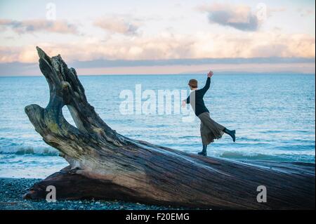 Donna in piedi su grandi driftwood tronco di albero sulla spiaggia Foto Stock