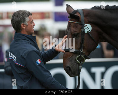 Blair Atholl, Scotland, Regno Unito. Il 9 settembre, 2015. Karim Florent Laghouag con Entebbe De ha al primo controllo. Il FEI European Eventing Championships 2015 Blair Castle Credit: stephen Bartolomeo/Alamy Live News Foto Stock