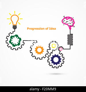 Luce creativi simbolo della lampadina con lineari della forma di ingranaggio. La progressione del concetto di idea. Business, istruzione e idea industriale. Foto Stock
