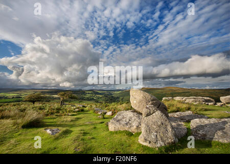 Vista da Combestone Tor nel Parco Nazionale di Dartmoor, REGNO UNITO Foto Stock