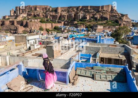 India Rajasthan, Jodhpur, il Forte Mehrangarh e la città blu Foto Stock