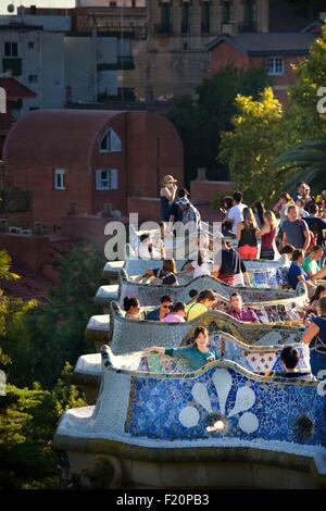 In Spagna, in Catalogna, Barcellona, Parco Guell di Gaudi architetto, classificato come patrimonio mondiale dall' UNESCO Foto Stock