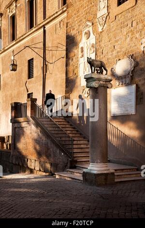 L'Italia, Lazio, Roma, Piazza del Campidoglio, centro storico sono classificati come patrimonio mondiale dall' UNESCO, il Campidoglio She Wolf sulla colonna di fronte al Palazzo Senatorio di ingresso Foto Stock